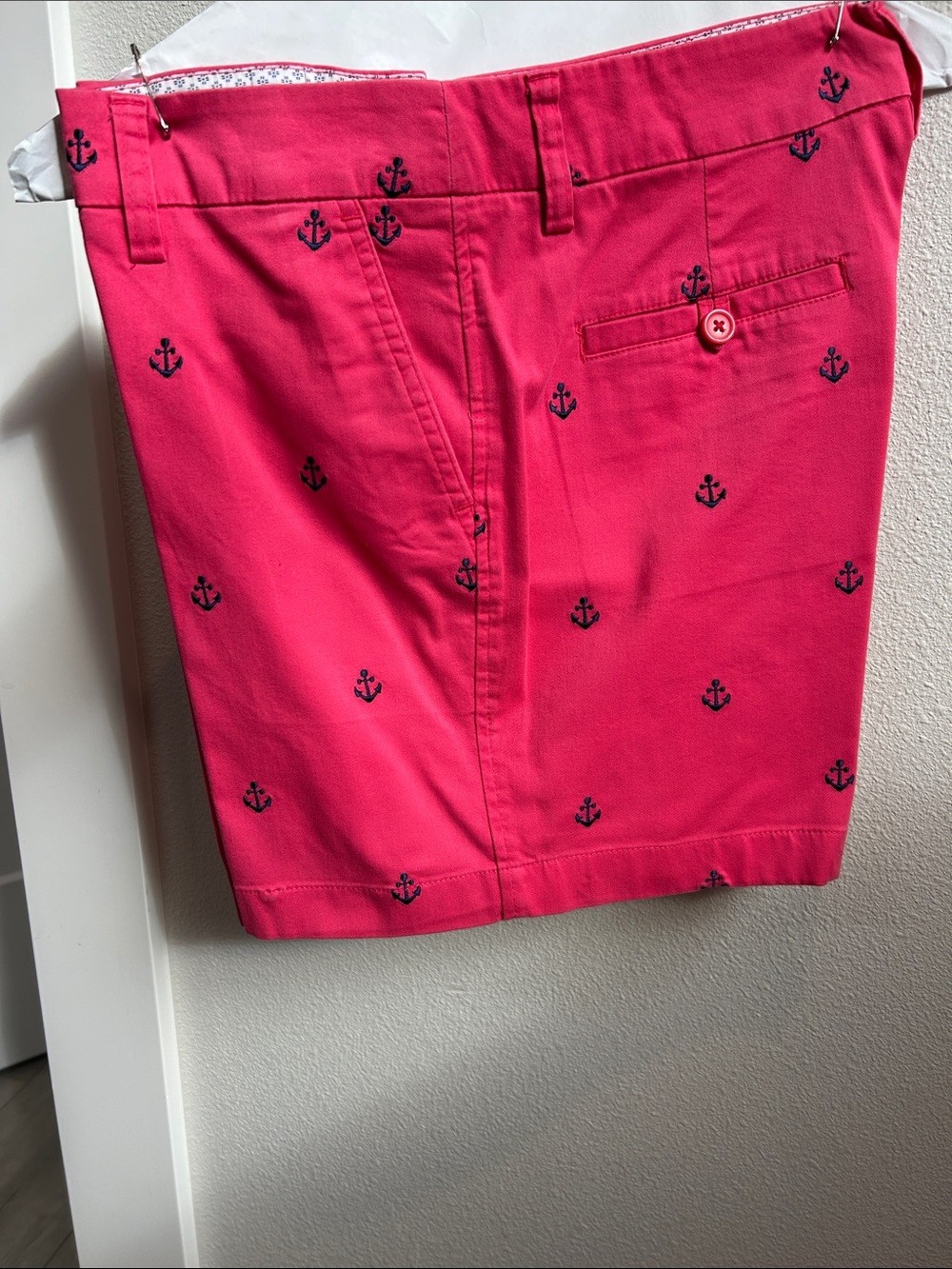 Cambridge Dry Goods Hot Pink Bermuda Shorts with Navy Anchor Embroidery